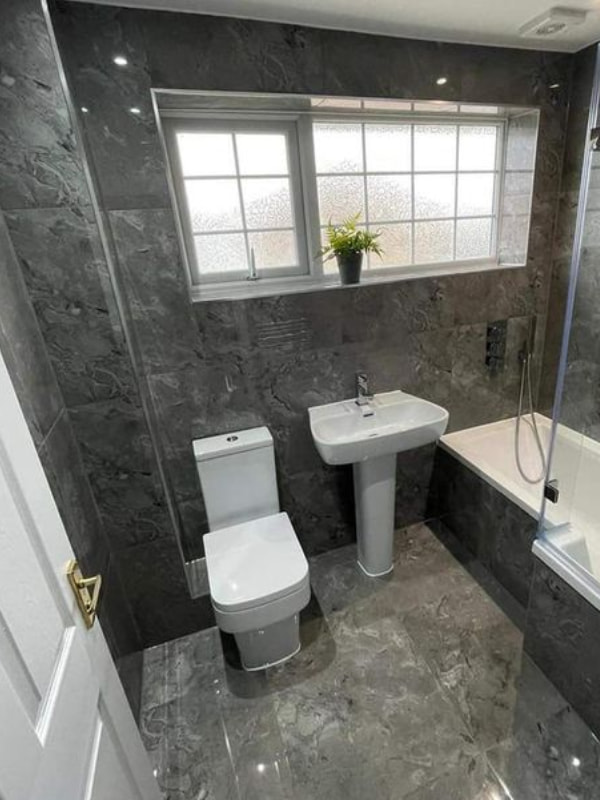 View from the doorway of Jenny's dark marble bathroom and white sink and toilet directly ahead